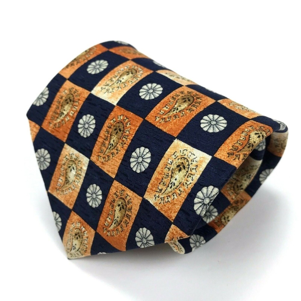 Ike Behar Tie Paisley & Geometric Blue Orange Elegant Office Men's Necktie 60"